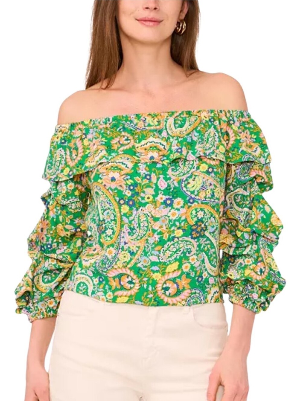 vince camuto womens green paisley ruffled off the shoulder bubble sleeve size L